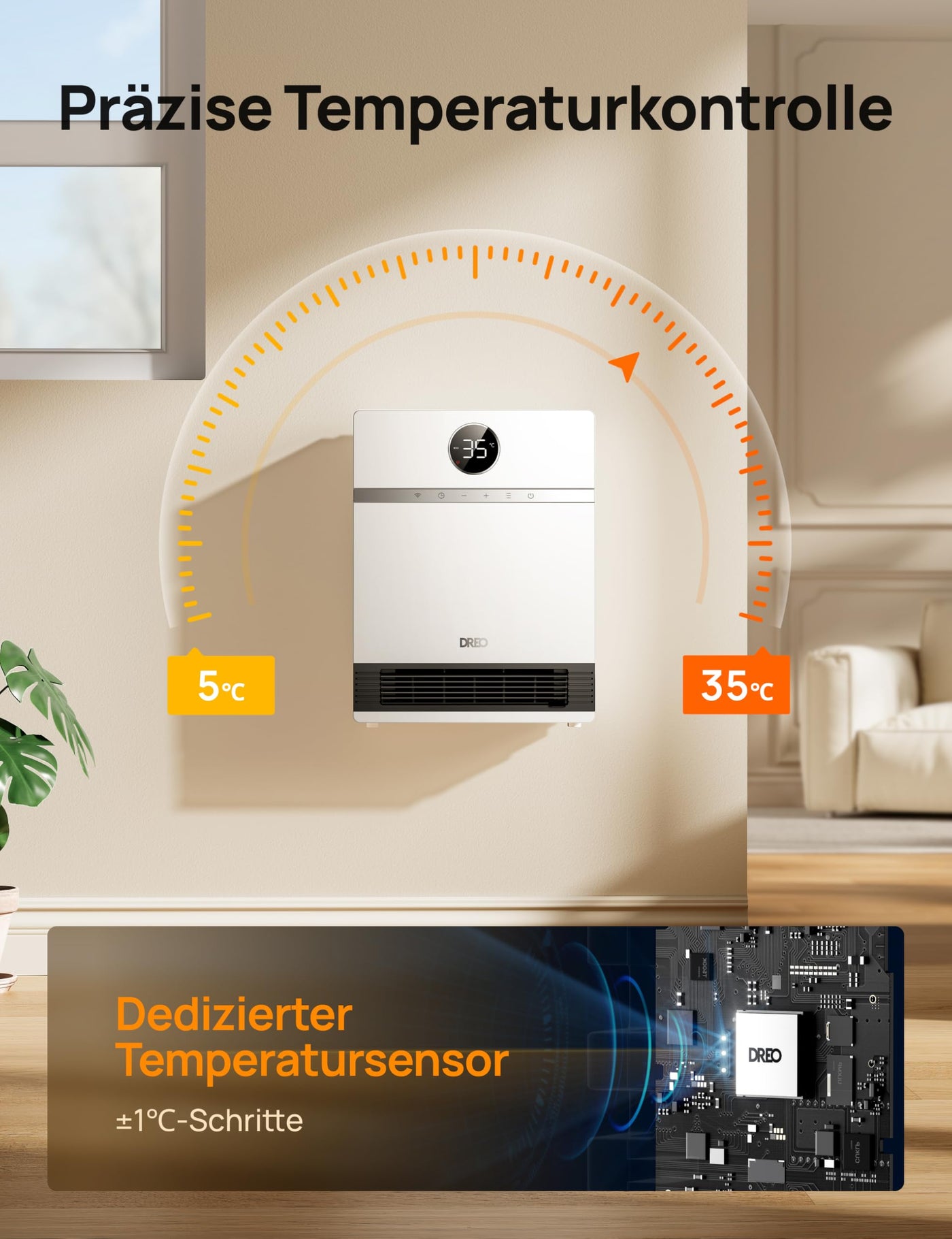 Dreo Smart Wandkonvektor, 30° Lüfterauslass, 2000W, einstellbarer Thermostat, Fernbedienung, Wochentimer, einfach zu montierende Heizung für den Innenbereich, kompatibel mit Alexa