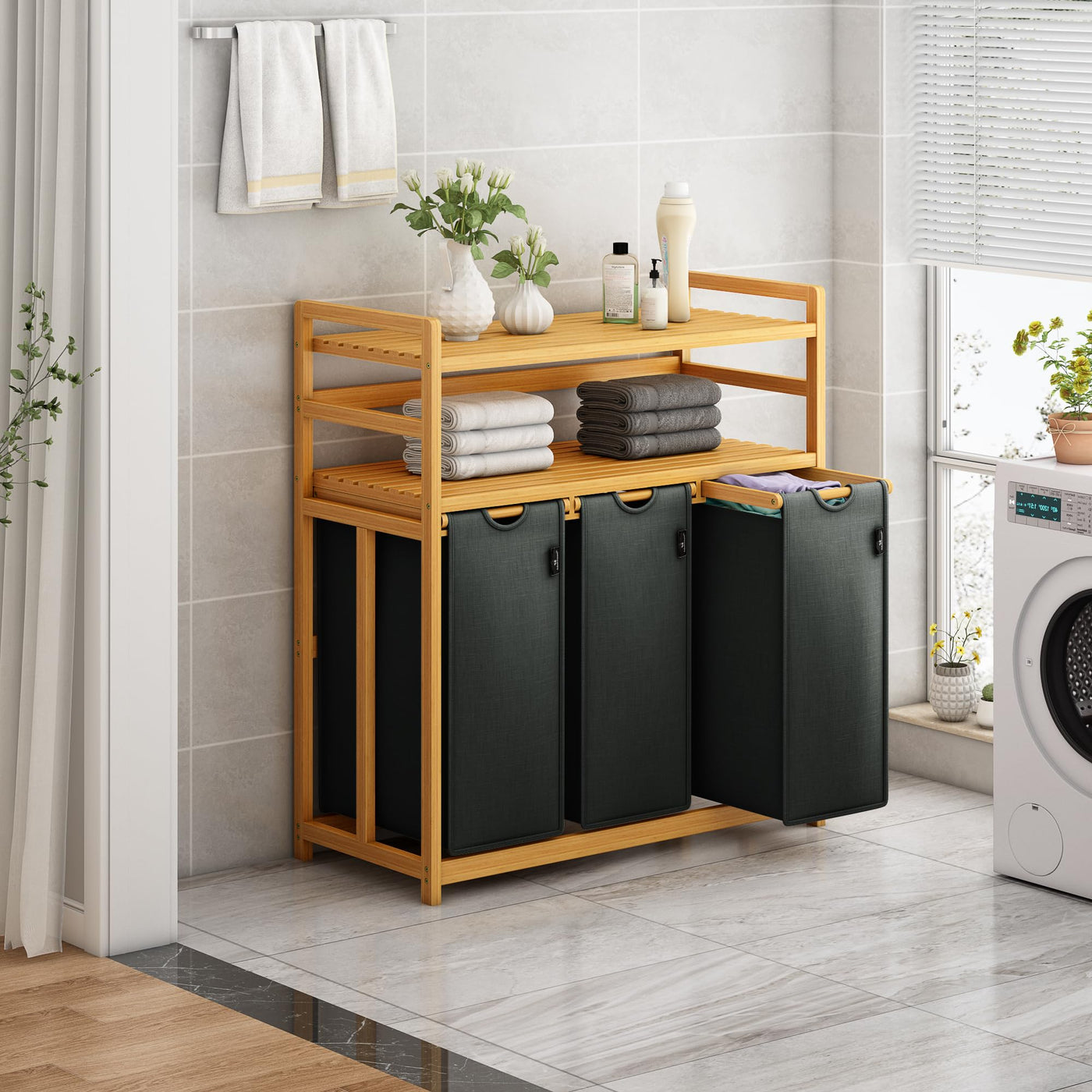 AdelDream Wäschekorb 150L 3 Fächer 2 Regale ausziehbarer und abnehmbarer Wäschesack Wäschesammler Bambusrahmen Wäscheboxen laundry baskets Wäschesortierer Bambus