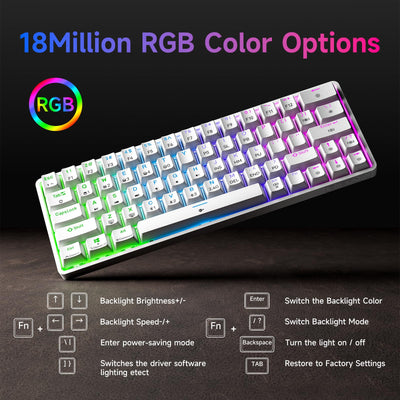 Dierya DK63 Gaming Tastatur,60% Kabellos Mechanische Tastatur mit Bluetooth/2.4G/Typ-C,Compact 63 Tasten Anti-Ghosting,RGB-Hintergrundbeleuchtung,US Layout,Linear Red Switch,weiße