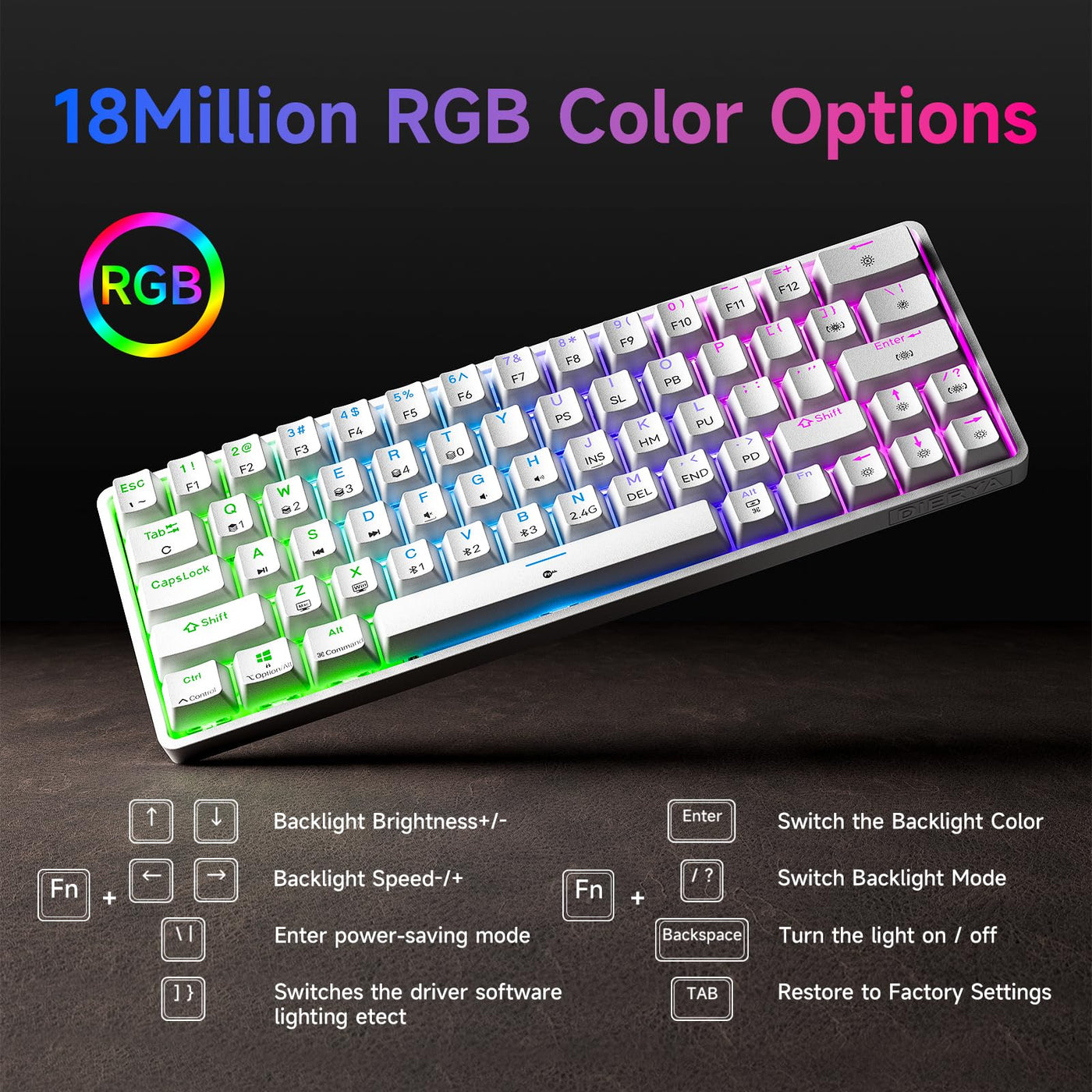 Dierya DK63 Gaming Tastatur,60% Kabellos Mechanische Tastatur mit Bluetooth/2.4G/Typ-C,Compact 63 Tasten Anti-Ghosting,RGB-Hintergrundbeleuchtung,US Layout,Clicky Blue Switch,weiße