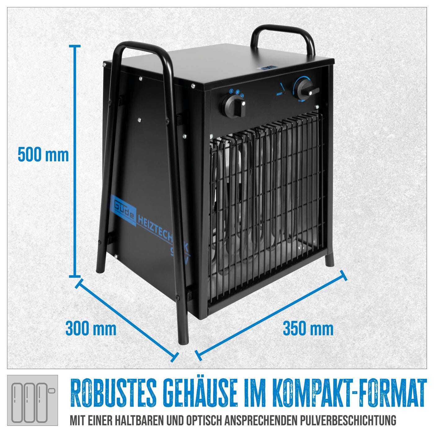 Güde Elektroheizer GH 9 EV (400 V, 9 kW, TÜV/GS, 2 Heizstufen 4,5 / 9 kW, Gebläseleistung 780 m³/h, 13 A Stromaufnahme, stufenlos regulierbarer Thermostat, Überhitzungsschutz & Tragegriffe)