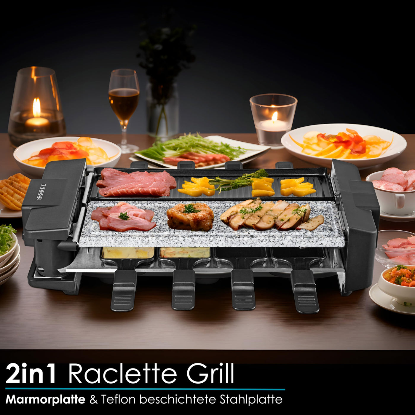 Steinborg Raclette Grill 2in1 8 Personen Raclette Gerät Raclettegrill Party Grill Elektro Grill Tischgrill Massive Naturstein- und beschichtete Grillplatte Heizelement aus Edelstahl 180° rotierbar