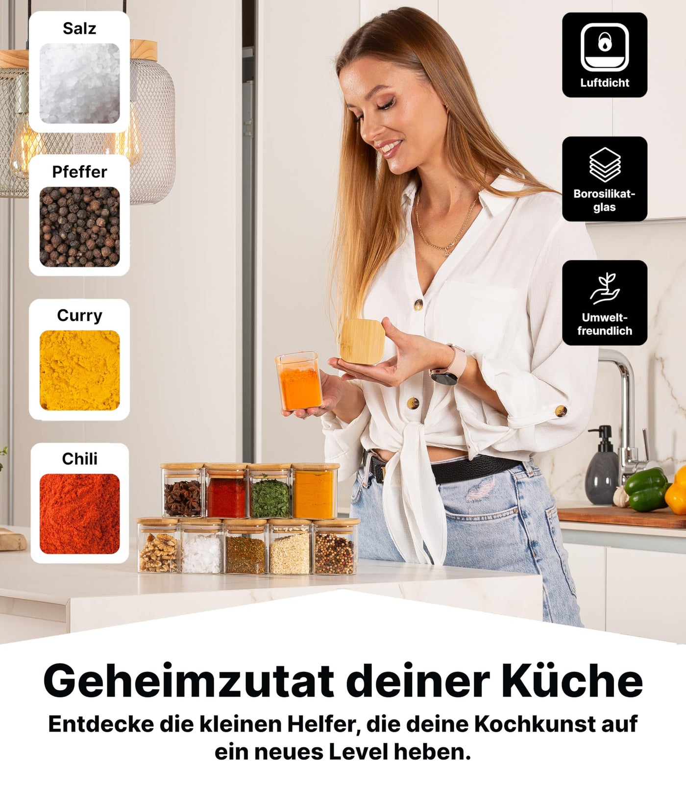 Deco haus® Gewürzgläser eckig luftdicht mit Holzdeckel 10er Set [+Etiketten] - Gewürzdosen Set Glas - Gewürzbehälter Spice Jars Set - Gewürze Aufbewahrung - Behälter - Gewürzaufbewahrung