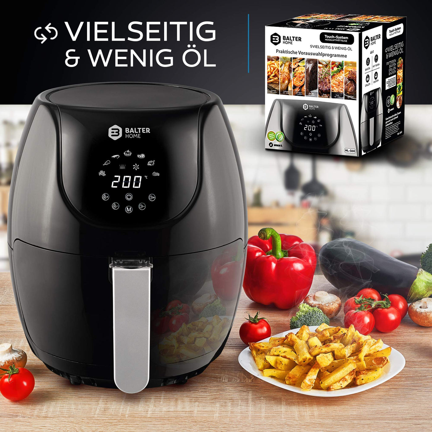 Balter Heißluftfritteuse XL-Touch, Fritteuse, LCD Display, 7 Programme, Rezeptheft, 3.6L - XL Garraum, 1500W, schwarz