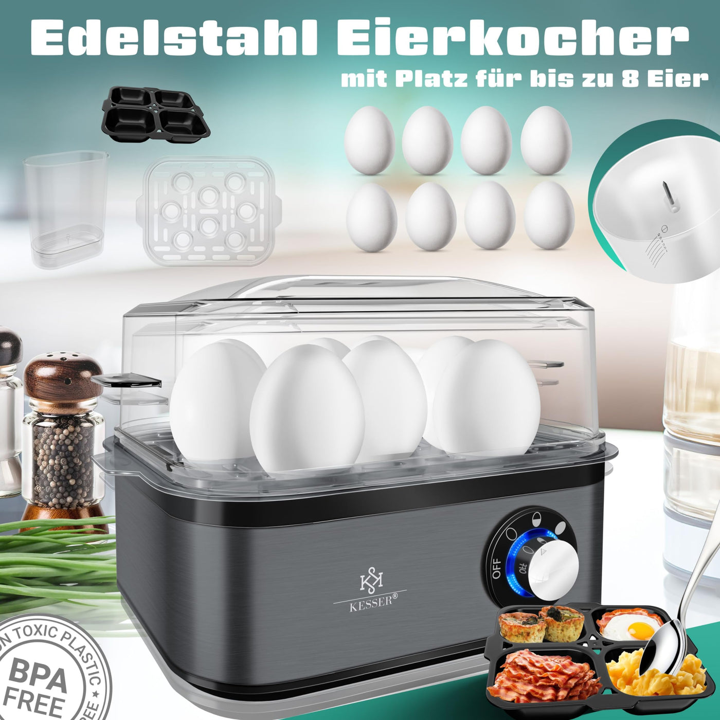 KESSER® Eierkocher für 1 bis 8 Eier elektrisch aus Edelstahl 500W & Warmhaltefunktion | LED-Drehschalter drei Härtegrade | BPA-Frei & Spülmaschinenfest | Messbecher, Eierhalter & Omlettschale Anthra