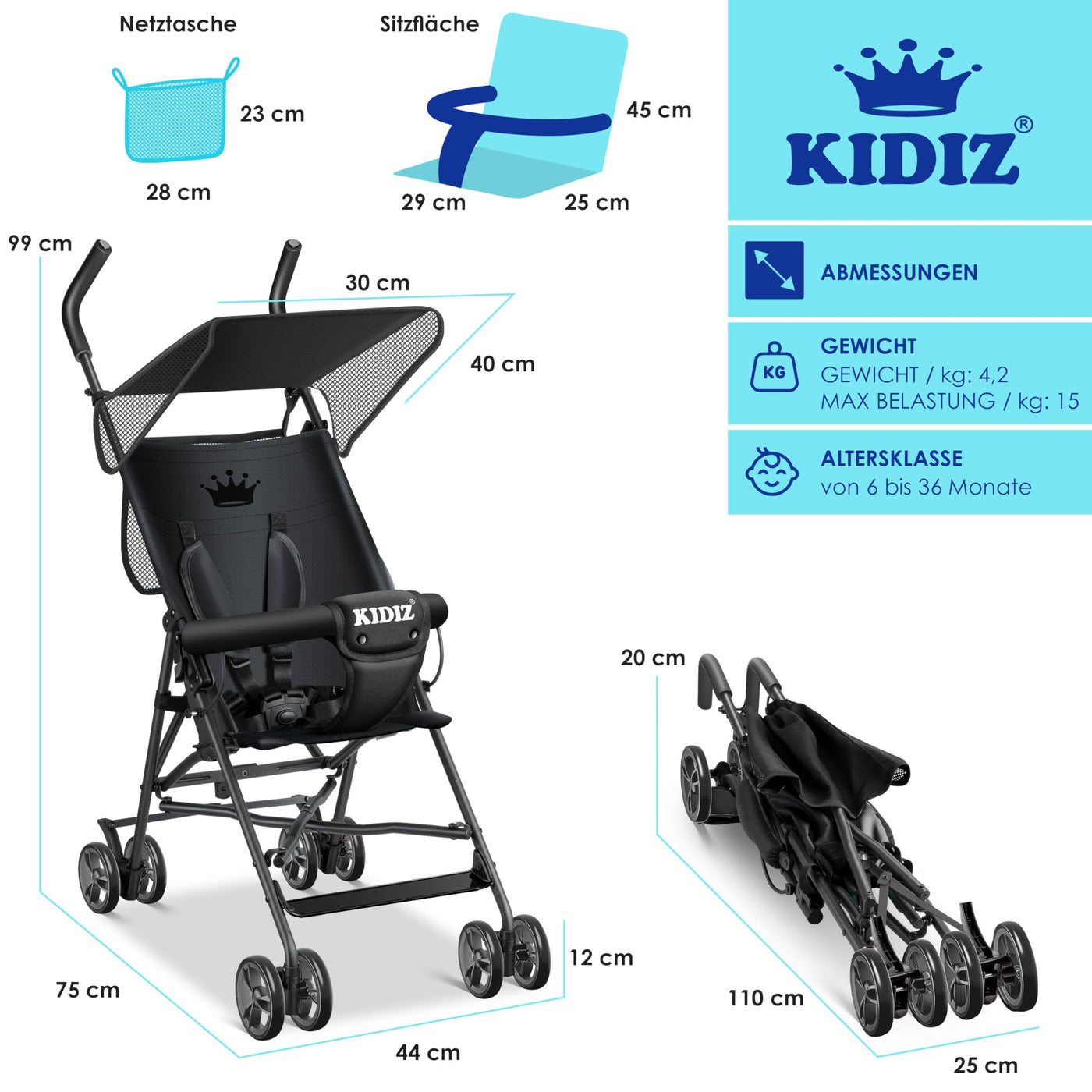 KIDIZ® Kinderwagen CITY Buggy Kinderbuggy klappbar Sportwagen Faltbar 360° 4-Zoll-Räder Inkl. Sonnen- und Regenverdeck zusammenklappbar 5-Punkt-Sicherheitsgurt ab 6 Monate, Schwarz