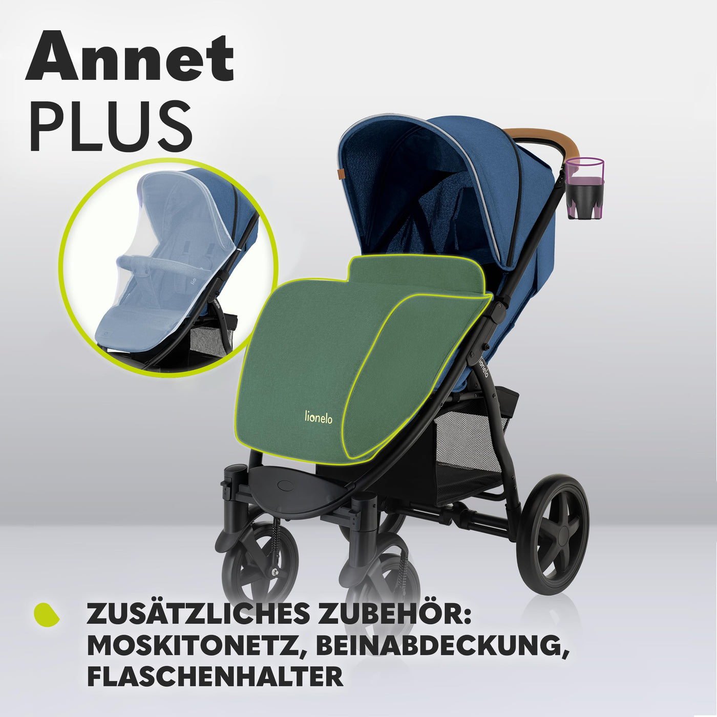 LIONELO Annet Plus Buggy bis 22 kg mit Liegefunktion, Kinderwagen klein zusammenklappbar mit Zubehör, Eva-Schaum-Räder, Moskitonetz, Fußdecke Getränkehalter, Korb