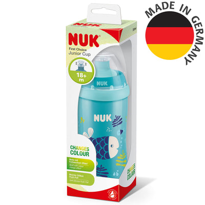 NUK Junior Cup Trinkflasche mit Chamäleon-Effekt | 18+ Monate | mit Farbwechsel | auslaufsicherer Trinklernbecher mit Push-Pull-Trinksauger | Clip & Schutzkappe | BPA-frei | 300 ml | blau