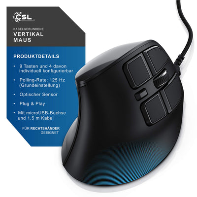 CSL - Gaming vertikale Maus mit OLED Display 2400 DPI - programmierbare Tasten - Office Mouse – mit Kabel - kabelgebunden - gegen Mausarm - mit Kailh Switche - Vertikalmaus ergonomisches Design