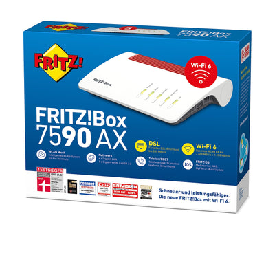 AVM FRITZ!Box 7590 AX (Wi-Fi 6 DSL-Router mit 2.400 MBit/s (5GHz) & 1.200 MBit/s (2,4 GHz),bis zu 300 MBit/s mit VDSL-Supervectoring 35b,WLAN Mesh,DECT-Basis,deutschsprachige Version)