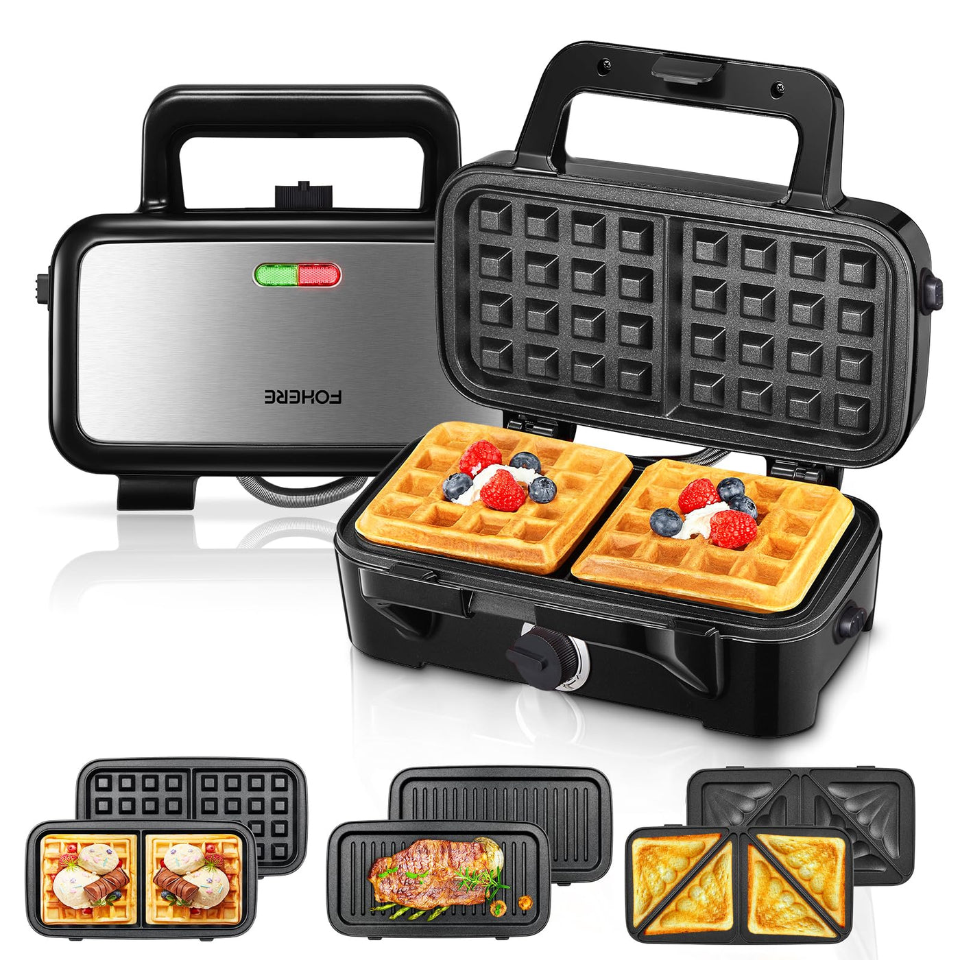 Sandwichmaker 1200W, Fohere 5-Gang-Temperaturregelung Waffeleisen Sandwichtoaster Kontaktgrill 3 in 1 mit Antihaftbeschichtung für einfache Reinigung ohne Anbrennen, LED-Leuchten