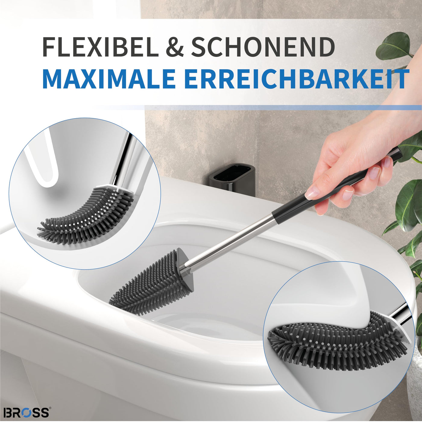 BROSS® Klobürste Silikon - Patentierte Toilettenbürste - Klobürste Schwarz - WC Bürste & Klobürstenhalter mit Wandmontage & TurboTrocknung - Innovativ & Antibakteriell - 1er Set