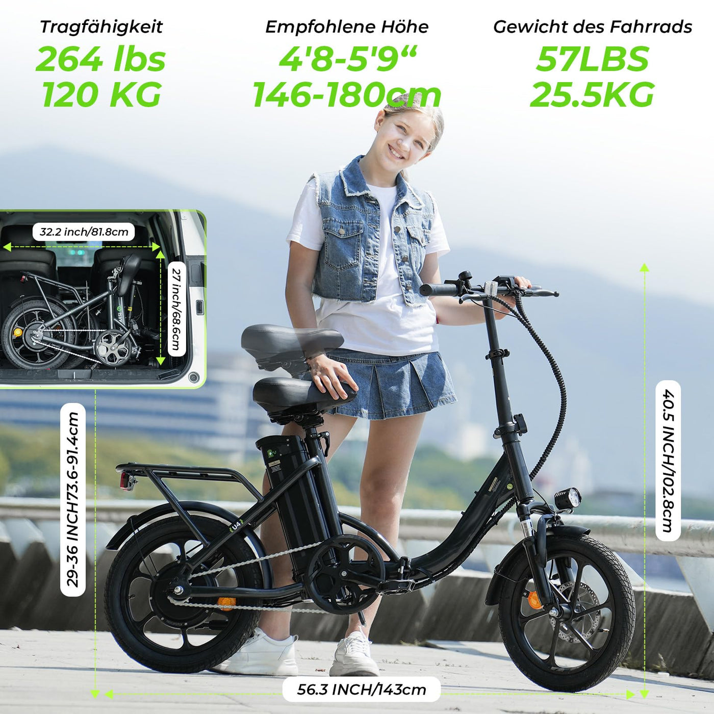 Finbike Klapprad E-Bike 16 * 2.15 Zoll Fat Tire,Tragbares Elektrofahrrad mit 10.4Ah Abnehmbarem Akku,4 Fahrmodi,PAS Reichweite MAX 88KM,Falt-Elektrofahrräder für Herren Damen Pendeln (Schwarz)