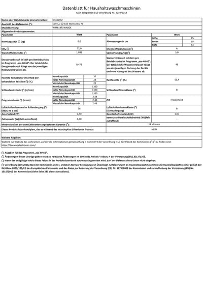 Daewoo WM814T1WA0DE Frontlader Waschmaschine 8 kg, Weiß