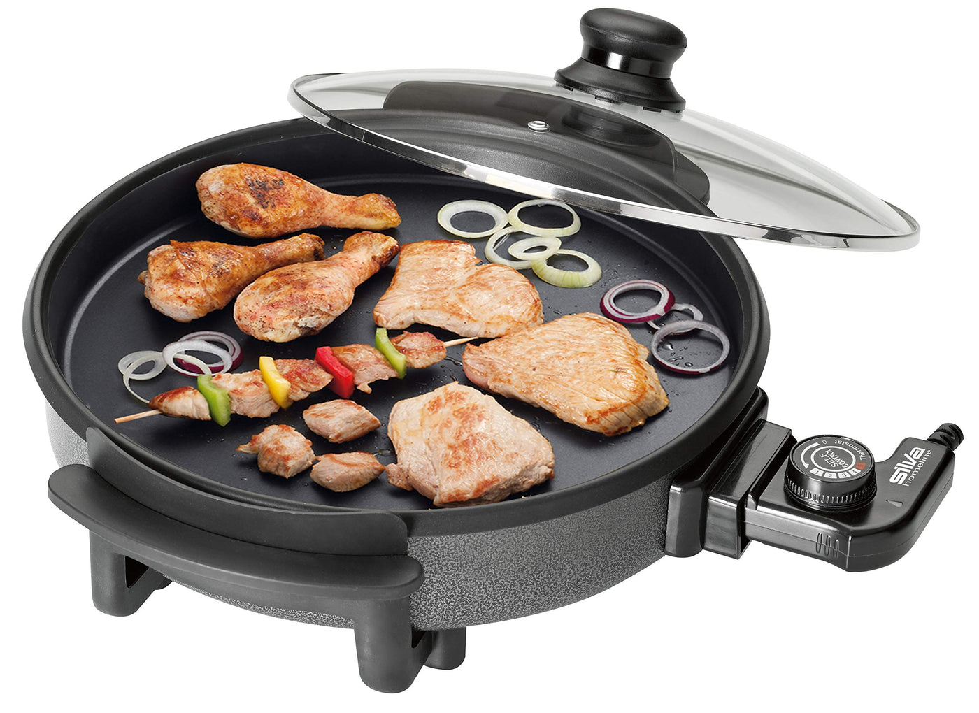 Silva-Homeline PPF 1503A Partypfanne mit Glasdeckel zum Kochen, Braten, Dünsten, Auftauen und Warmhalten, Ø 32 cm, 1500 W, Schwarz