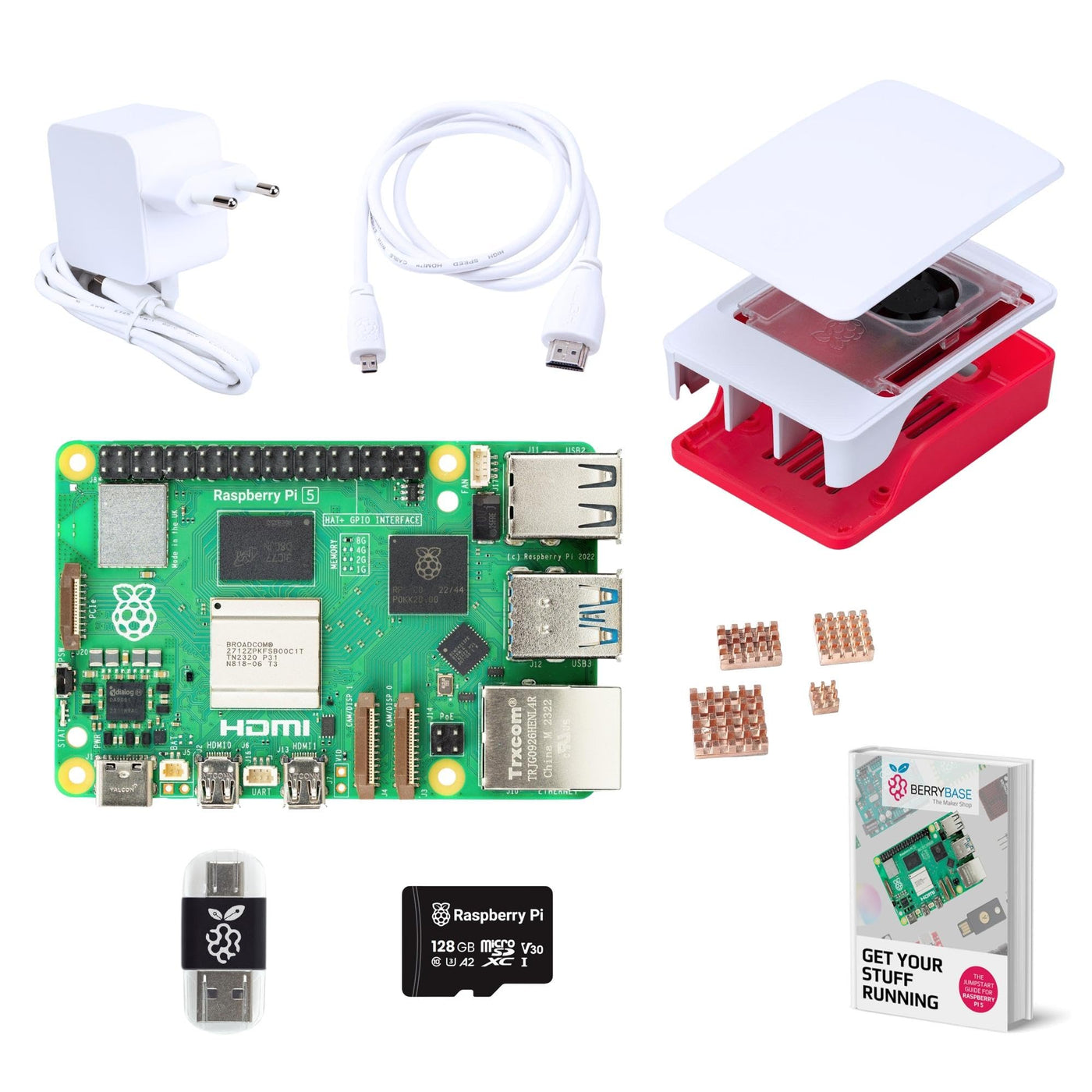 BerryBase Raspberry Pi 5 8GB Starter Kit; 128GB microSD; 27W USB-C Netzteil; Raspberry Pi 5 Gehäuse mit Lüfter; 4-teiliges Kupfer-Kühlkörper-Set; 4K Micro HDMI Kabel 1m; 2-in-1 SD Kartenleser