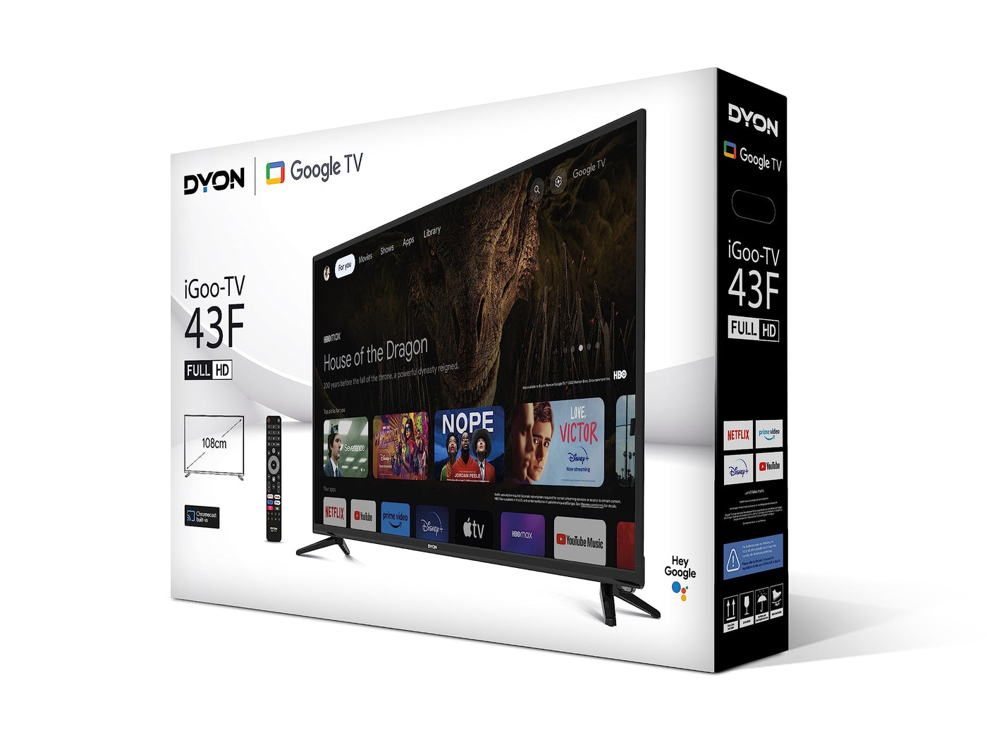 DYON iGoo-TV 43F 108cm (43 pouces) Google TV (Full HD, triple tuner HD, Prime Video, Netflix, Google Play Store pour DAZN, Disney+, Apple TV+, Paramount+, waipu.tv et bien plus, Google Assistant) [Mod. [2023]