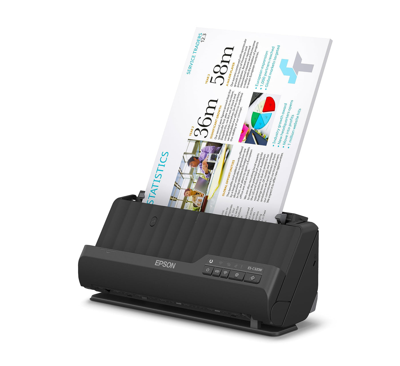 Epson Wi-Fi Scanner ES-C320W, kompakter A4 Business Scanner mit geringem Stromverbrauch, Duplex-Einzugscanner mit vielseitiger Medienverarbeitung, schwarz