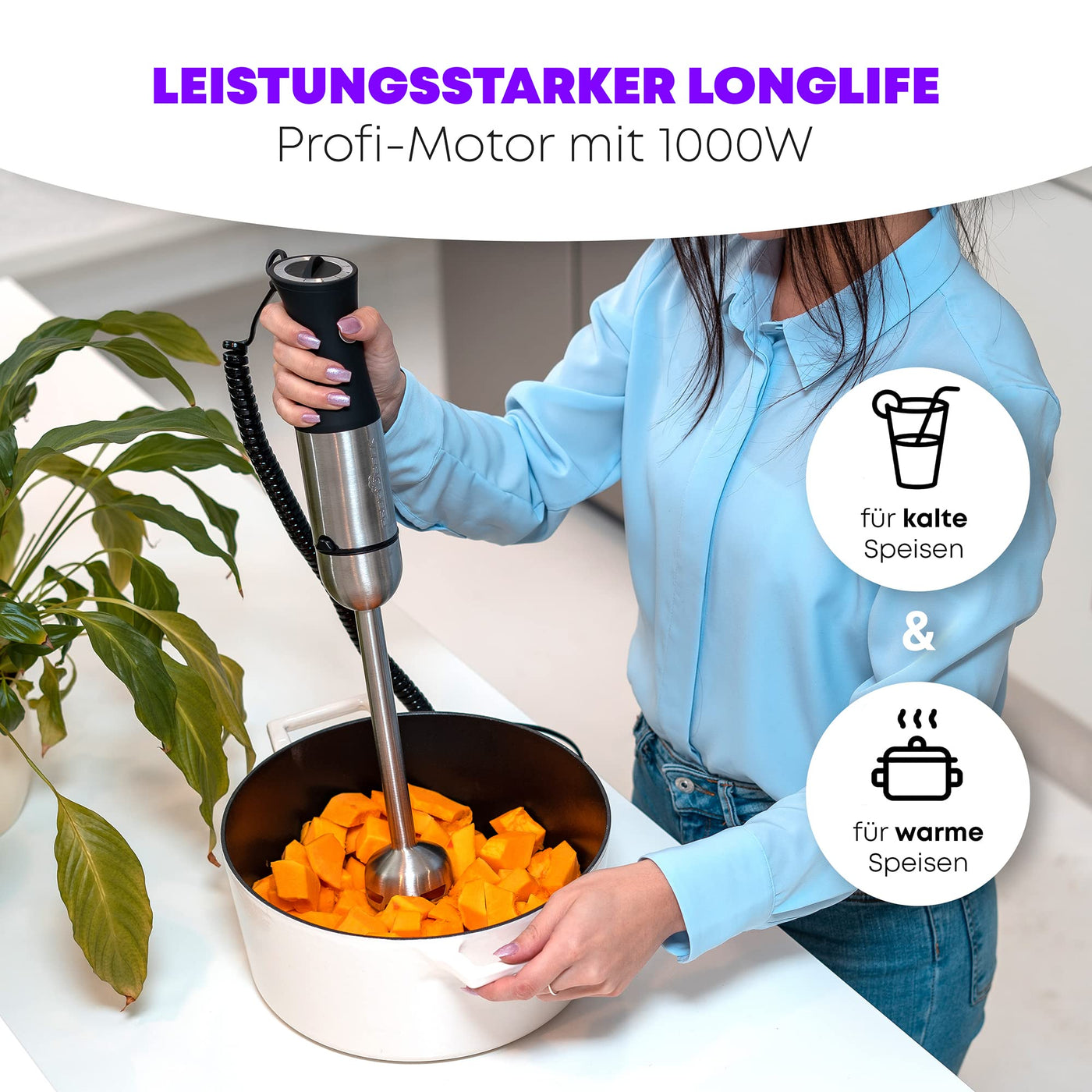 ProfiCook® Stabmixer | Edelstahl | 1000 Watt | Extra langer 27 cm Stab | Geschwindigkeitsregulierung | ergonomischer Soft-Touch-Griff | 4-fach Edelstahlmesser | Abnehmbarer Mixstab | PC-SM 1094