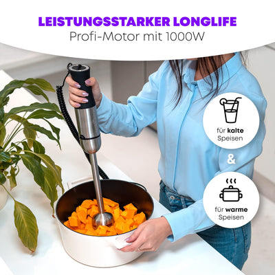 ProfiCook® Stabmixer | Edelstahl | 1000 Watt | Extra langer 27 cm Stab | Geschwindigkeitsregulierung | ergonomischer Soft-Touch-Griff | 4-fach Edelstahlmesser | Abnehmbarer Mixstab | PC-SM 1094