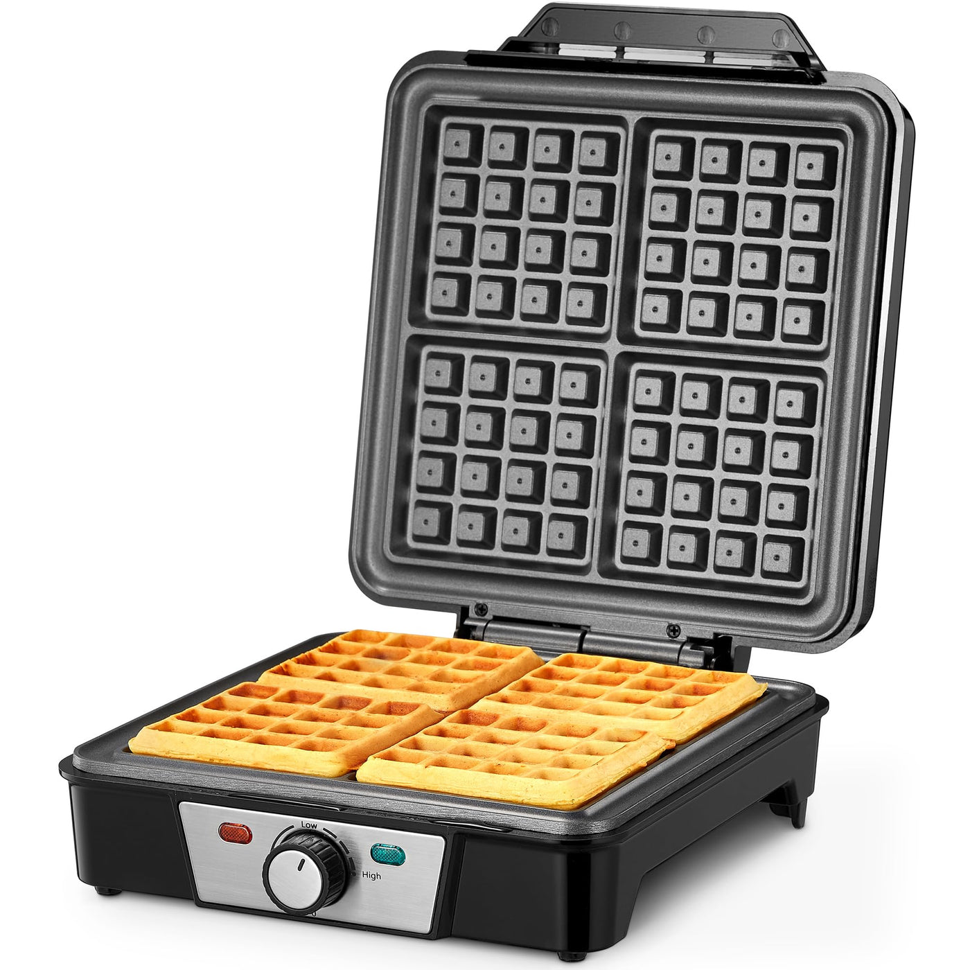 Reemix Waffeleisen für 4 belgische Waffeln, 1200 W Waffel Elektrisch mit Antihaftbeschichtete Platten, Einstellbare Temperatur und Leichte Reinigung, Edelstahl