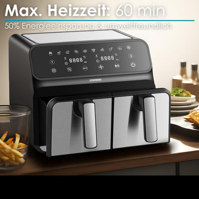 Heißluftfritteuse | 2 Kammern | Heissluftfritteuse | 4 in 1 Mini Backofen | Fritteuse | Dörrautomat | Grillen Backen Dörren Frittieren | Friteuse ohne Öl | Air Fryer | Heißluftofen | Heißluftgrill