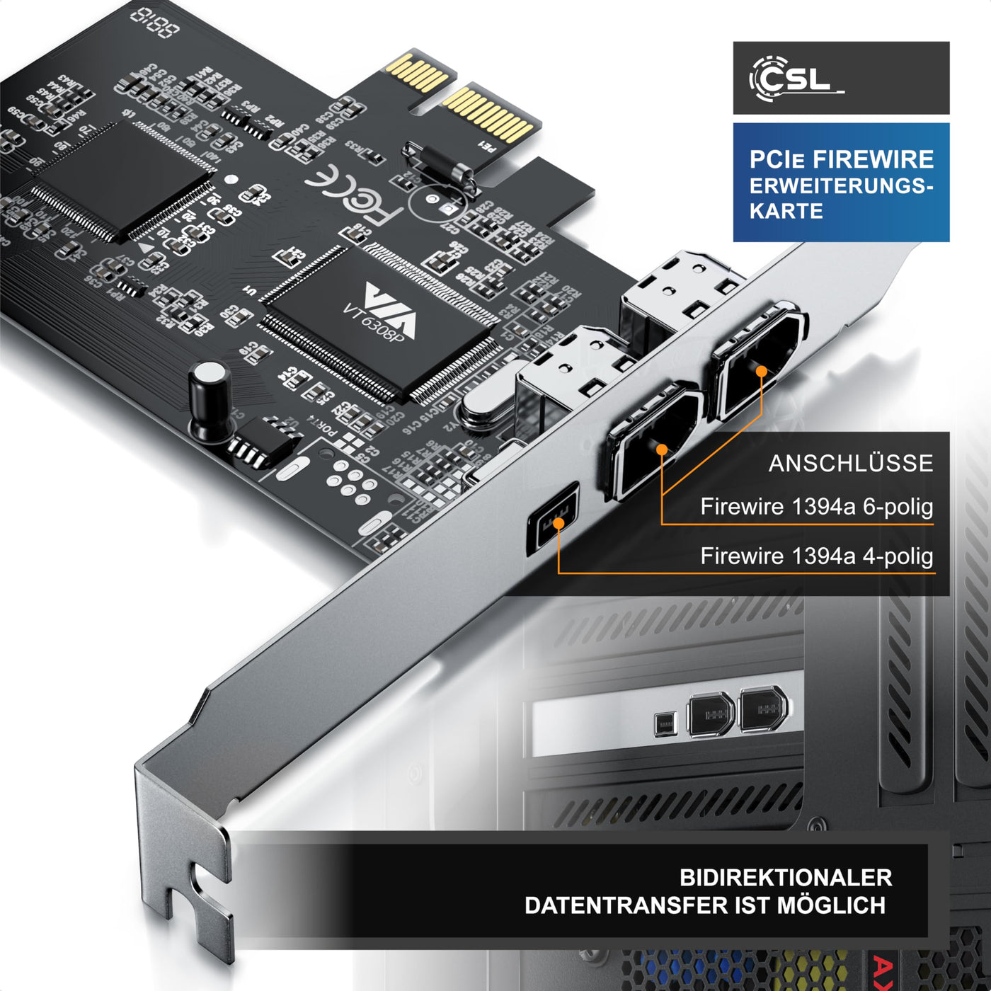 CSL PCI Firewire Karte Erweiterungskarte PCI-E 3 Anschlüsse 1394a Controller-Karte 2 x 6 Pin und 1 x 4 Pin für Desktop-PC