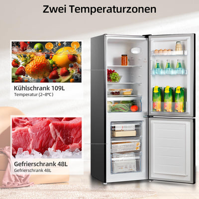 CHIQ CBM159LEBD Freistehender Kühlschrank mit Gefrierfach | Kühl-Gefrierkombination 144 cm Höhe, 47 cm Breit, 157L(109L/48L) | Low Frost | 152 kWh/Jahr | LED Litcht | | Schwarz Inox