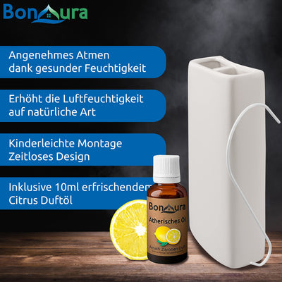 BonAura® Luftbefeuchter Heizung Keramik I Haken & Duftöl [4er Spar-Set, 400ml] I Wasserverdunster für Heizkörper mit Duft I Verdunster & Befeuchter Wasser Behälter