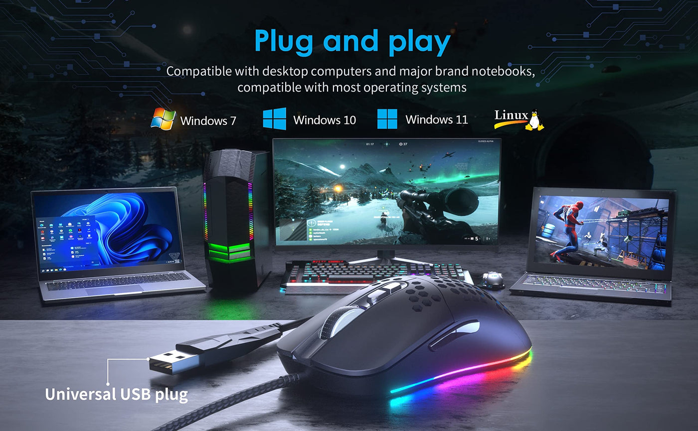 CYD C306 kabelgebundene RGB Gaming Mouse, USB 3.0-Maus mit seitlichen Tasten, Gaming Mouse mit ergonomischem Design, programmierbarer Gaming Maus, Snap-Change-Tracking & Shootout-Gaming Maus-DPI 7200