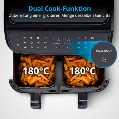 MEDION P20 XXL Heißluftfritteuse mit 2 Kammern (8,7 Liter, 2.600 Watt, Doppelkammer, 9 Automatikprogramme, 2 Schubladen, Sichtfenster, Dualer Airfryer, Dual Cook & Sync-Finish Funktion)