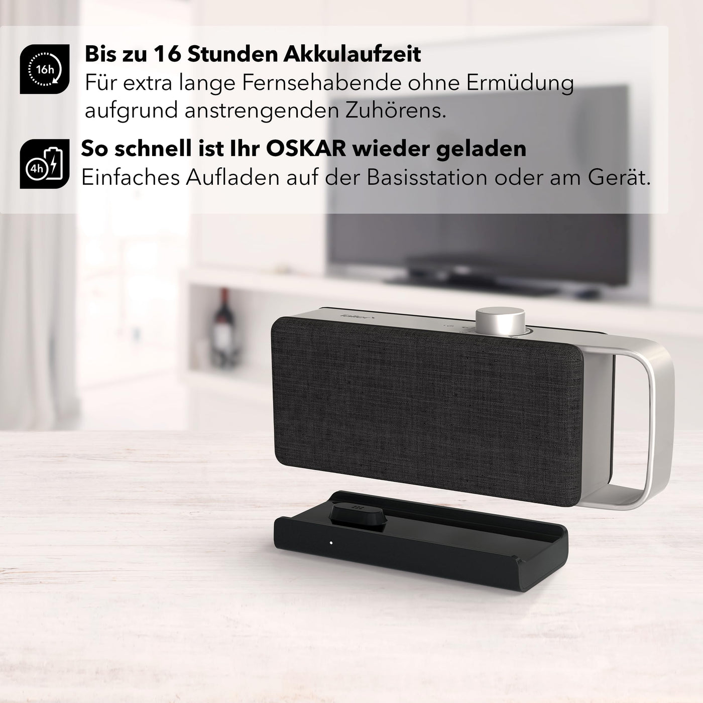 faller Oskar TV Lautsprecher/Soundbar mit Clear Voice (tragbar, kabellos, einfache Bedienung, Aluminiumgehäuse)