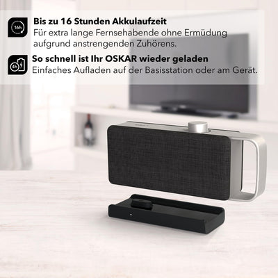 faller Oskar TV Lautsprecher/Soundbar mit Clear Voice (tragbar, kabellos, einfache Bedienung, Aluminiumgehäuse)