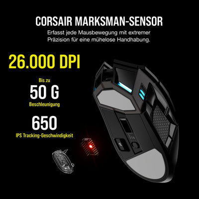 CORSAIR DARKSTAR RGB WIRELESS MMO Gaming Mouse - 26.000 DPI - 15 Programmierbare Tasten - Bis zu 80 Stunden Akkulaufzeit - iCUE-Kompatibel - PC, PS5, PS4, Xbox - Schwarz