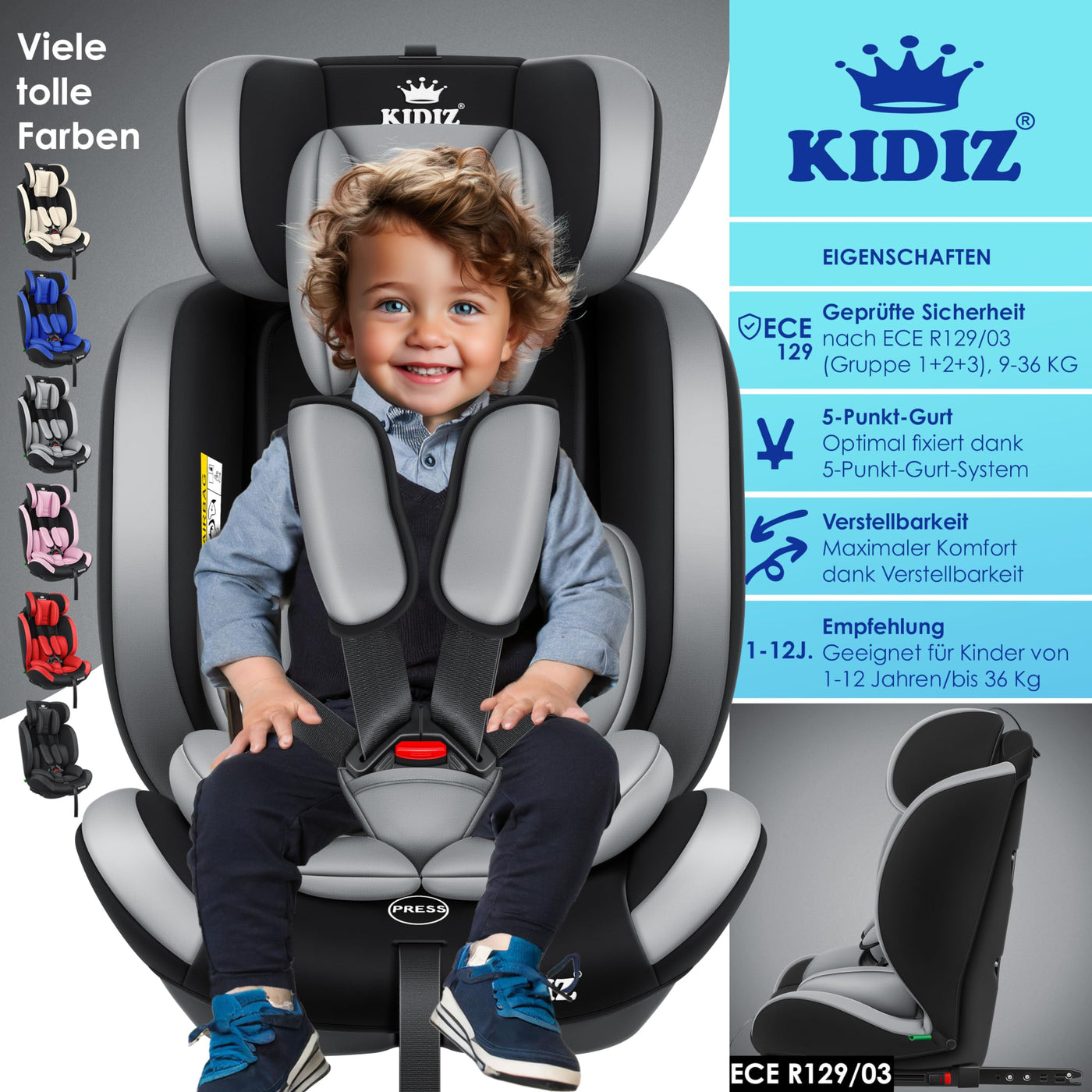 KIDIZ® Autokindersitz Kinderautositz mit Isofix Gruppe 1+2+3 9-36 kg 5-Punkt-Sicherheitsgurt, Autositz, Kindersitz, Einstellbare Kopfstütze | Mitwachsende Sitzerhöhung 1-12 Jahre, Stabil und Sicher