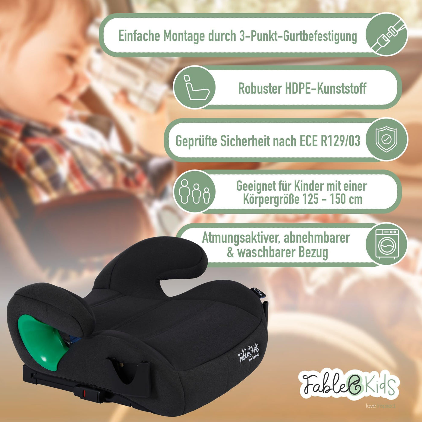 FableKids Sitzerhöhung Auto Kinder Isofix | 3-Punkt-Sicherheitsgurt | Kindersitzerhöhung bis 5 Jahre | Autositz für Kinder 125-150cm mit Becherhalter | ECE R129/03 | Schwarz