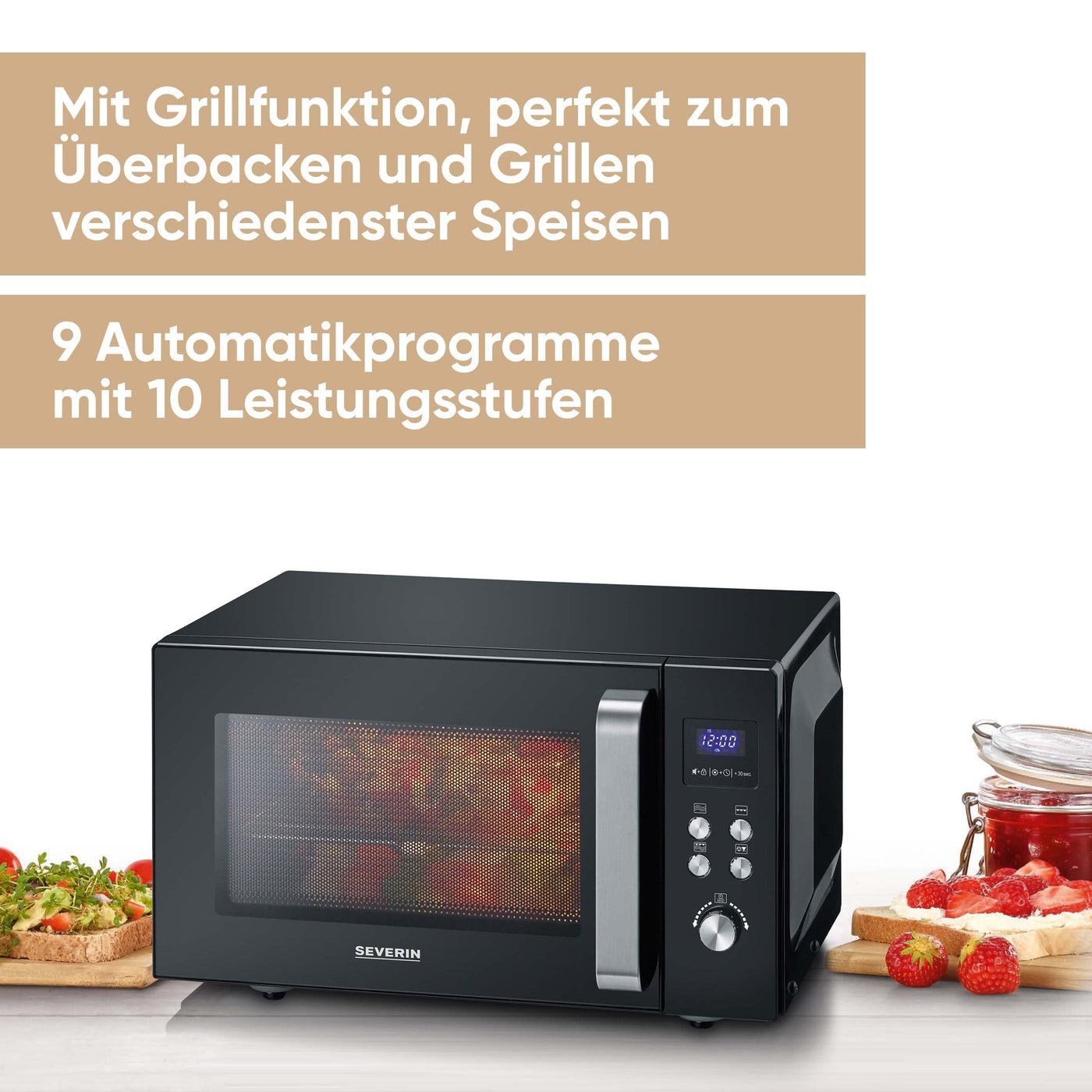 SEVERIN 2-in-1 Mikrowelle mit Grill, Grillen auf 2 Ebenen, flacher Glasboden statt Drehteller, XXL-Nutzfläche, leichte Reinigung, 9 Automatikprogramme, Mikrowellengerät, 25L, Schwarz, MW 7763