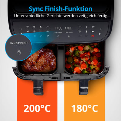 MEDION P20 XXL Heißluftfritteuse mit 2 Kammern (8,7 Liter, 2.600 Watt, Doppelkammer, 9 Automatikprogramme, 2 Schubladen, Sichtfenster, Dualer Airfryer, Dual Cook & Sync-Finish Funktion)