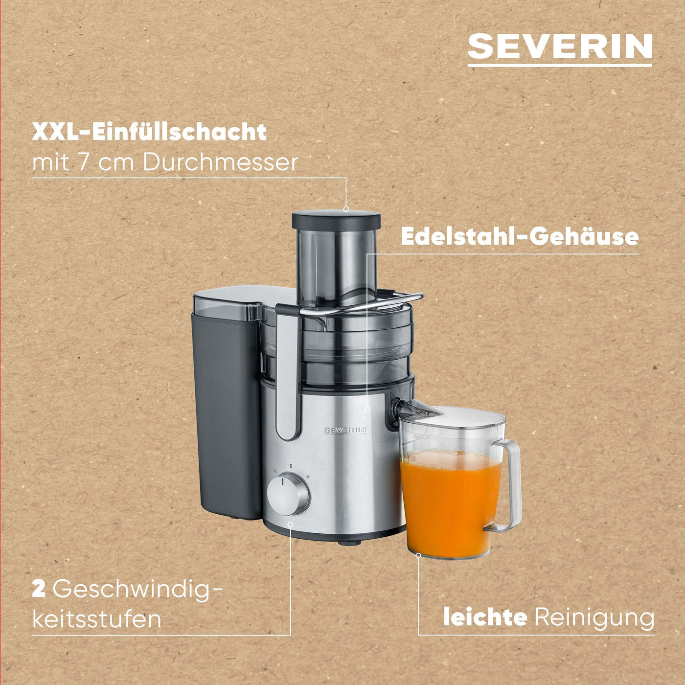 SEVERIN Entsafter, elektrische Saftmaschine mit einfacher Bedienung, XXL-Auffangbehälter für vitaminreiche Obst- und Gemüsesäfte, 1.1L Saftbehälter, Edelstahl-Schwarz, Küchengeräte, 800 W, ES 3570