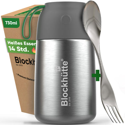 Blockhütte Edelstahl Thermobehälter für Essen I 730 ml I mit Löffel, Thermo Lunchbox für Kinder, Erwachsene, Suppen, Babybrei Warmhaltebox, To-Go Suppenbehälter, Thermobox Mittagessen