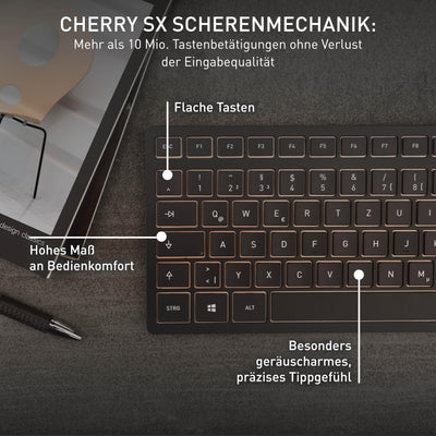 CHERRY DW 9100 SLIM, Kabelloses Tastatur- und Maus-Set, Pan-Nordisches Layout (QWERTY), Bluetooth & 2,4 GHz Funk, Leise Tasten, Wiederaufladbar, Schwarz-Bronze