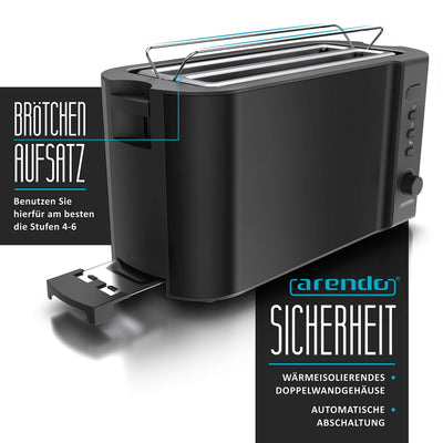 Arendo - Edelstahl Toaster Langschlitz 4 Scheiben - Defrost Funktion - wärmeisolierendes Gehäuse - mit integriertem Brötchenaufsatz - Krümelschublade - Display mit Restzeitanzeige - Schwarz Matt