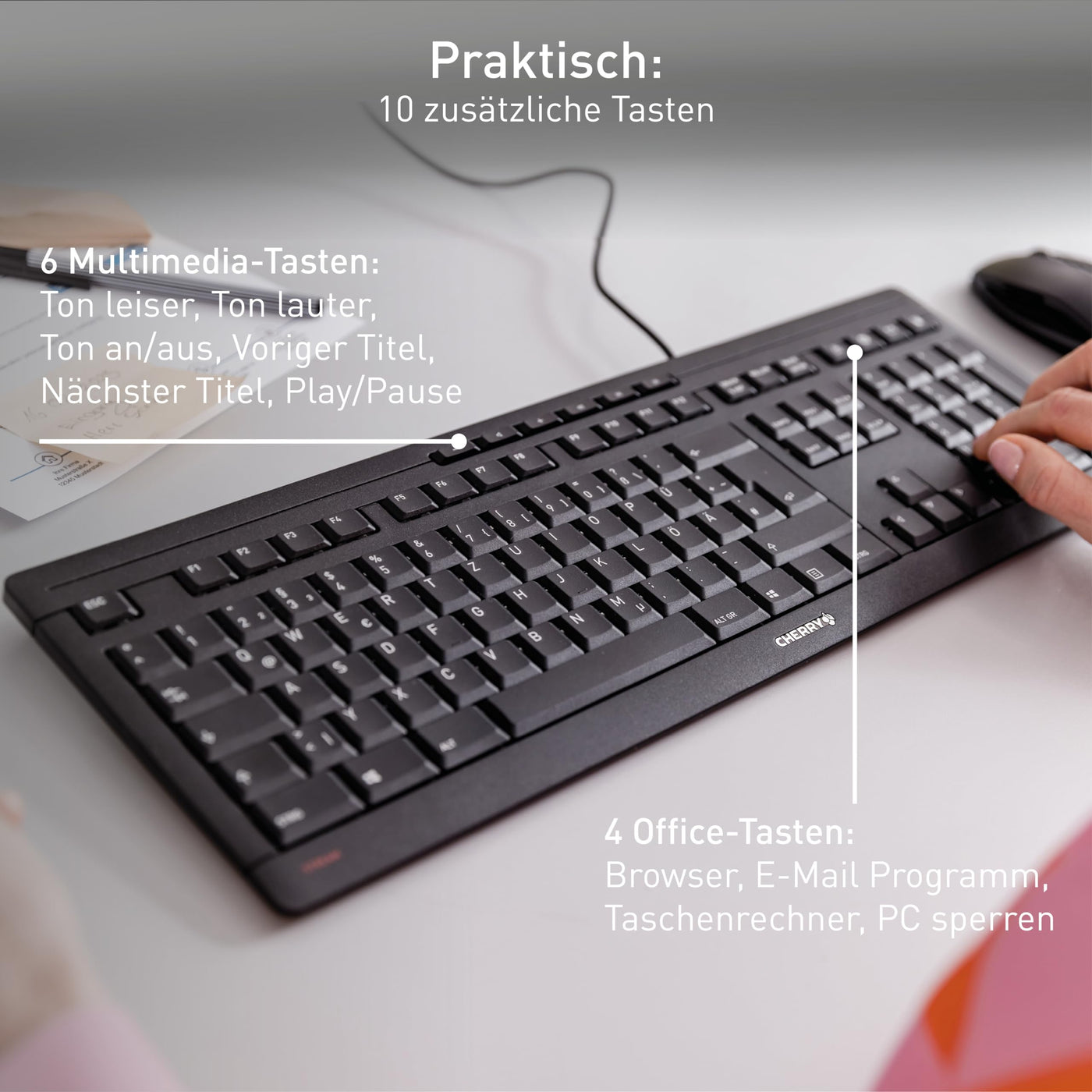 CHERRY STREAM KEYBOARD, Kabelgebundene Tastatur, Deutsches Layout (QWERTZ), Flüsterleiser Tastenanschlag, Einzigartiges Tippgefühl, Flaches Design, Weiß-Grau