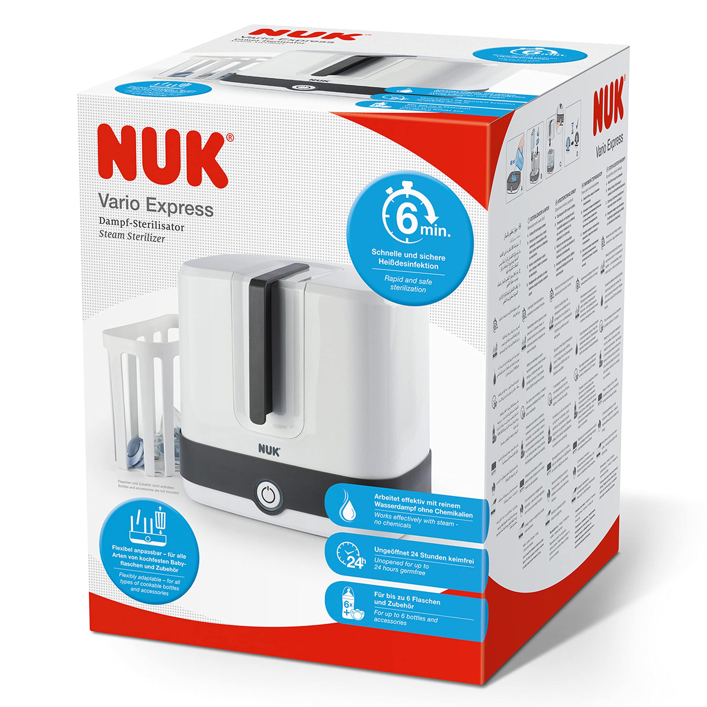 NUK Vario Express Flaschensterilisator|sterilisiert bis zu 6 Babyflaschen plus Zubehör in 6 Minuten auf Wasserdampfbasis|automatische Abschaltung|herausnehmbarer Korb & versetzbare Stäbe | EU-Stecker