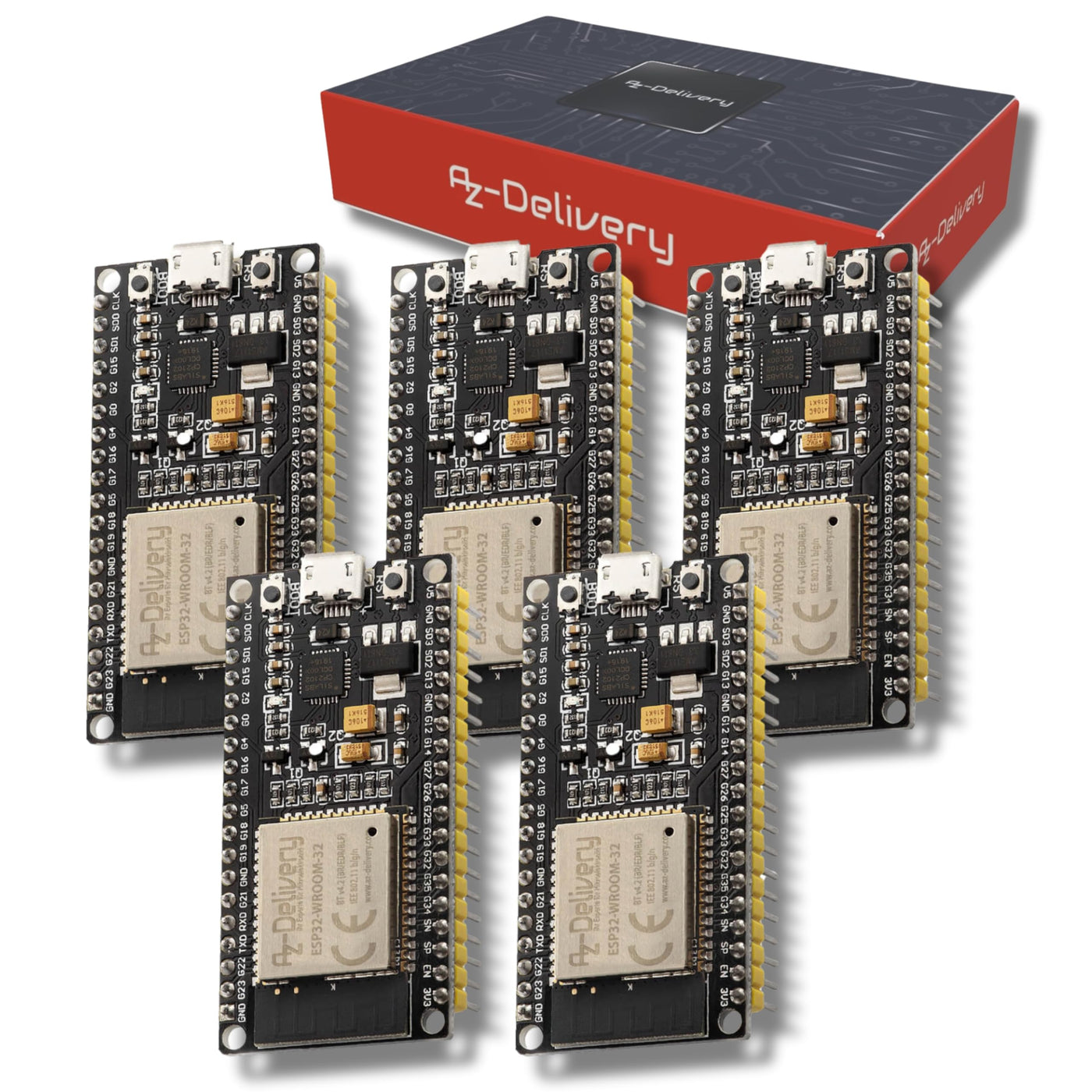 AZDelivery 5 x ESP32 NodeMCU Module WLAN WiFi Dev Kit C Development Board mit CP2102 (Nachfolgermodell zum ESP8266) kompatibel mit Arduino und inklusive E-Book!…