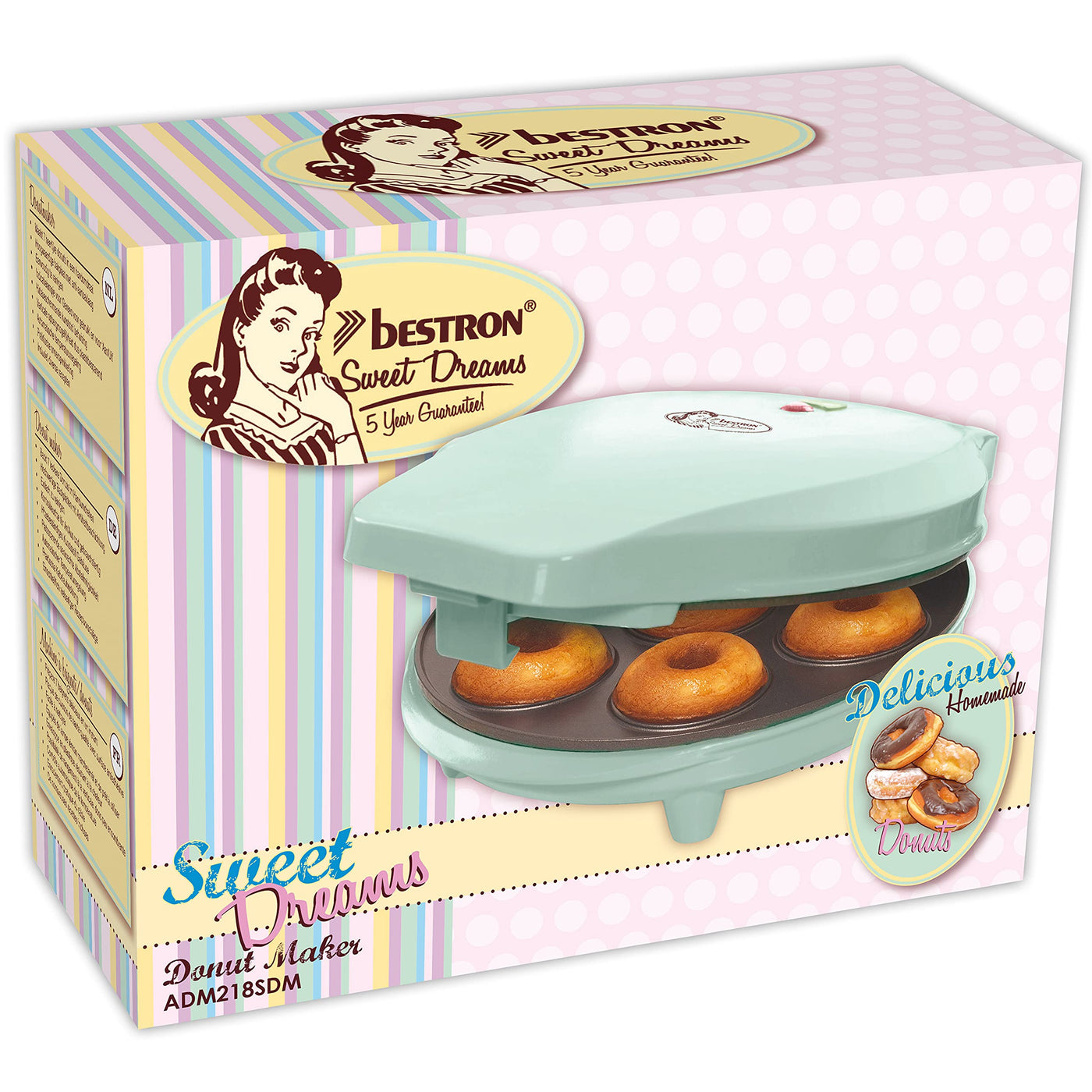 Bestron Donut Maker im Retro Design, Mini-Donut Maker für 7 kleine Donuts, inkl. Backampel & Antihaftbeschichtung, 700 Watt, Farbe: Mint