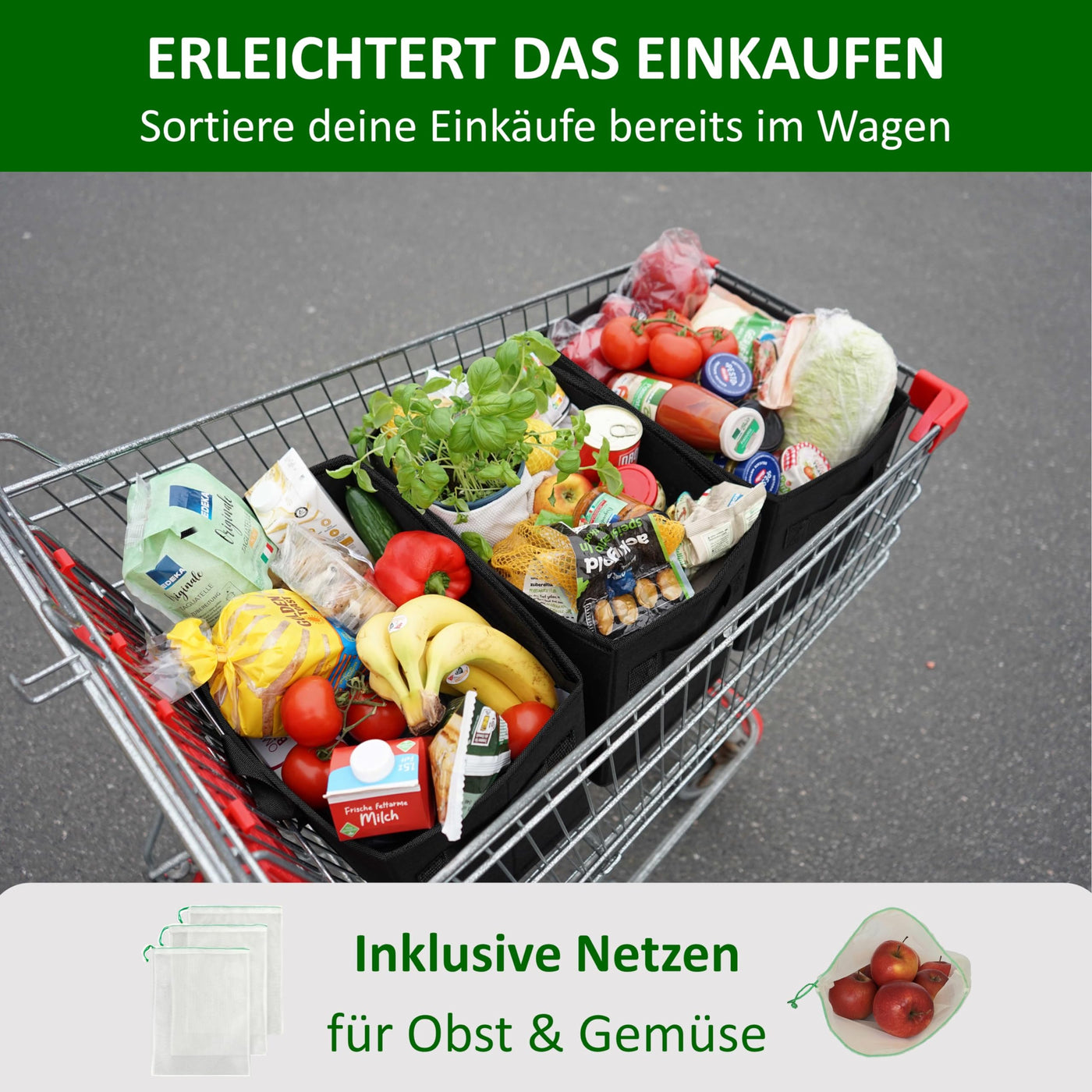 COTTARA® große Einkaufstasche faltbar 3er Pack & Obstnetz – stabiler großer Einkaufskorb faltbar mit verstärktem Boden – Ideale Einkaufstasche für Einkaufswagen & Kofferraum – 80 L Schwarz