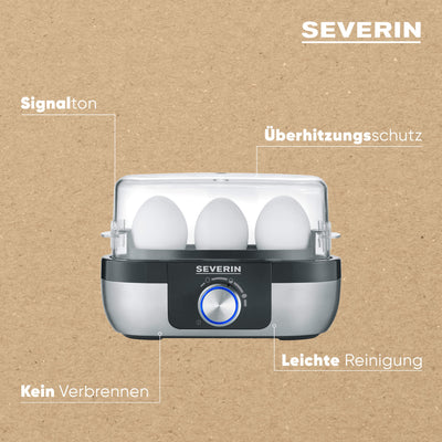 SEVERIN Eierkocher für 3 Eier mit elektronischer Kochzeitüberwachung, inkl. Messbecher mit Eierstecher, Eier Kocher für ideale Härtestufe, Edelstahl-gebürstet/schwarz, 300 W, EK 3163