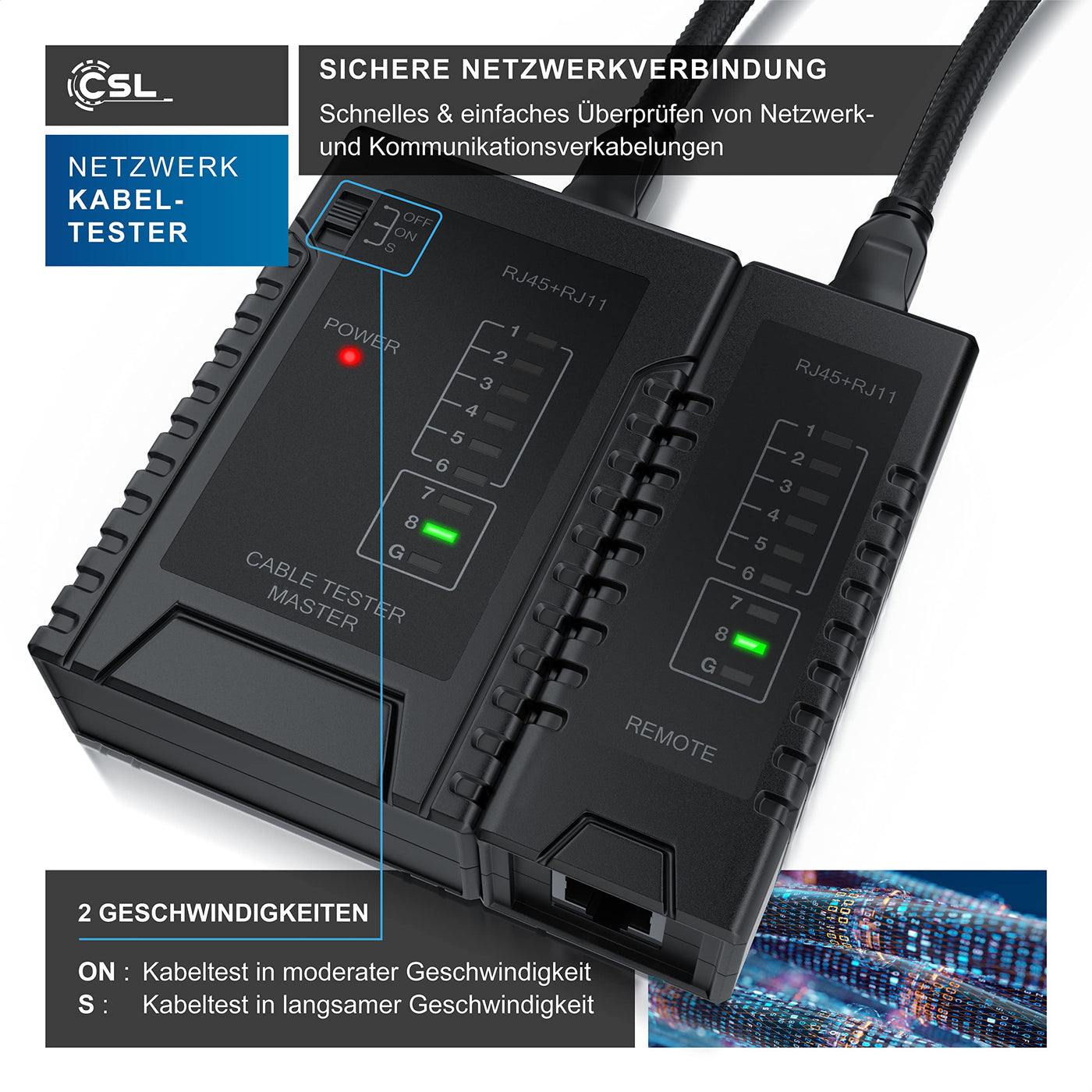 CSL Netzwerk Kabeltester für RJ45 RJ11-Kabel - Patchkabel-Tester Leitungstester - LAN Network Cable Tester - Zwei Verschiedene Geschwindigkeiten - Wahlschalter On Off - schwarz