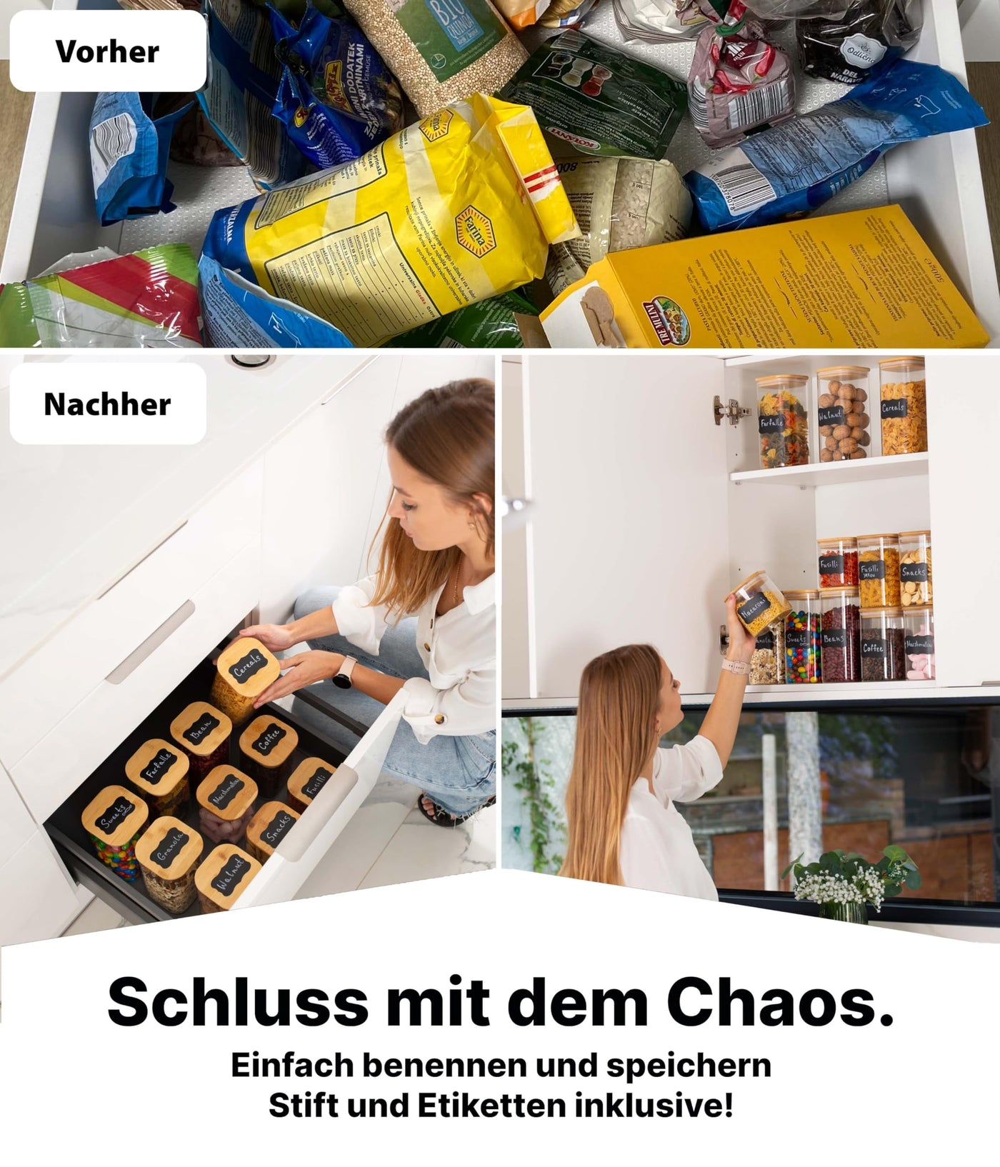 Deco haus® Vorratsgläser mit Deckel 4er Set + Etiketten [LUFTDICHT] - Für Müsli, Cornflakes, Spaghetti - Vorratsdosen Glas - Aufbewahrungsbox Küche - Aufbewahrungsglas 4x1600ml